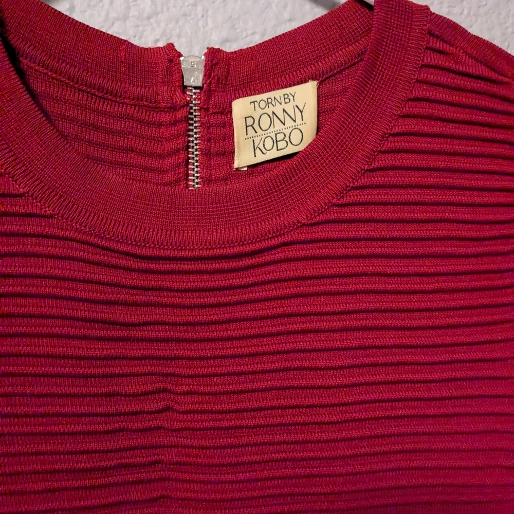 🍁SALE🍁 Torn by Ronny Kobo Burgundy Red Ribbed Knit Hourglass Bodycon Dress - Picture 9 of 11
